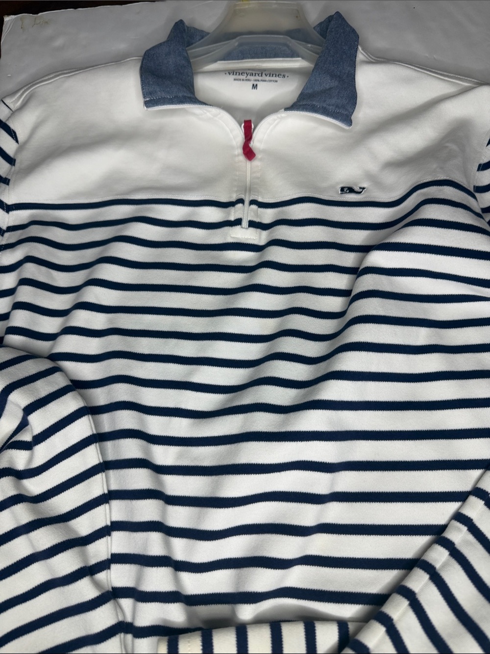 Vineyard Vines White & Navy Striped Half-Zip Rugby Polo